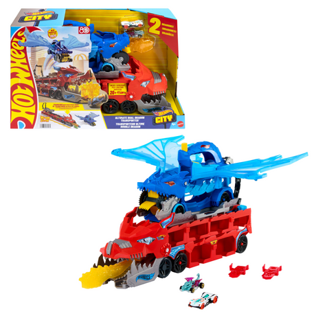 Hot Wheels City - Veicolo da trasporto Ultimate Double Dragon e 2 macchinine