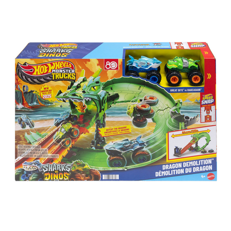 Hot Wheels Monster Trucks - Set da gioco di distruzione del drago di Squali contro Dino e 2 camion giocattolo