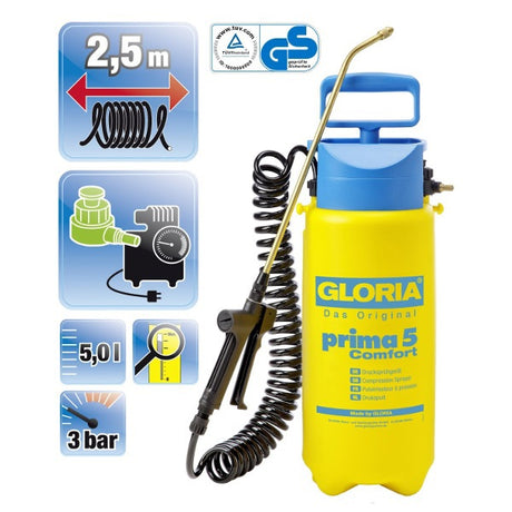 Gloria casa e giardino 000091.0000 prima 5 comfort nebulizzatore a pressione 5 l attacco compressore, tubo a spirale