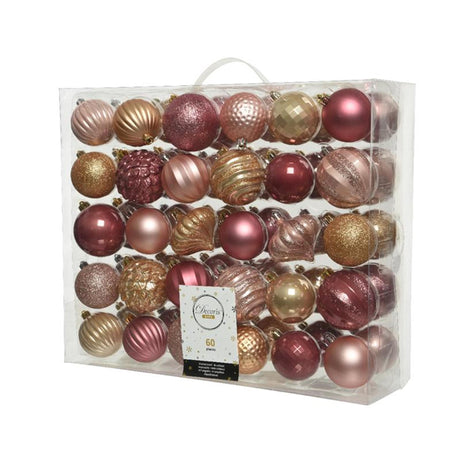Set di palline di Natale infrangibili Decoris da 60 pezzi assortiti rosa cipria, butterscotch, rosa velluto.