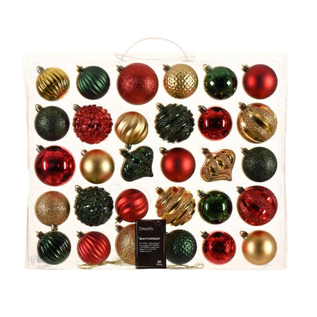 Palle di Natale Decoris in plastica in scatola da 30 pezzi nei colori rosso-verde-oro in diverse dimensioni e forme.