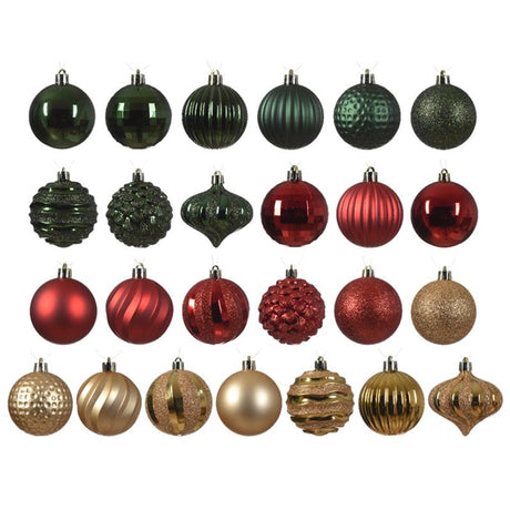 Palle di Natale Decoris in plastica in scatola da 30 pezzi nei colori rosso-verde-oro in diverse dimensioni e forme.