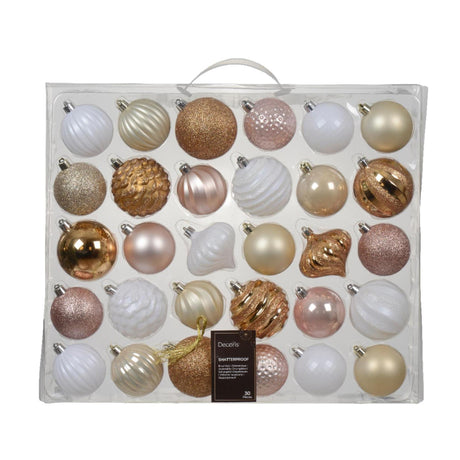 Set di palline di Natale Decoris in plastica in oro bianco rosa, scatola da 30 palline