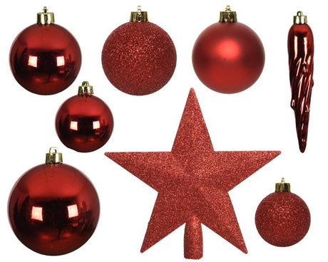 Set palline di Natale Decoris in plastica con punta stellata rosso Natale, scatola da 33 pezzi