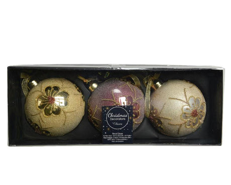 Set palline di Natale decorate in vetro Decoris, set di 3 palline diam 8 cm in colori assortiti oro chiaro, perla e rosa velluto