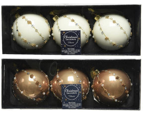 Set di palline di Natale decorate in vetro Decoris, set di 3 palline di diametro 8 cm nei colori bianco lana o marrone cammello