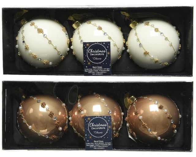 Set di palline di Natale decorate in vetro Decoris, set di 3 palline di diametro 8 cm nei colori bianco lana o marrone cammello