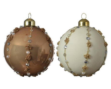 Set di palline di Natale decorate in vetro Decoris, set di 3 palline di diametro 8 cm nei colori bianco lana o marrone cammello