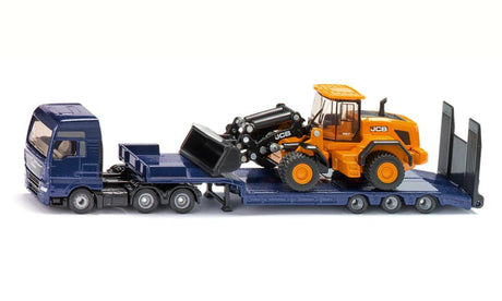 Siku 1790, camion con pianale ribassato e pala JCB, 1:87, metallo plastica, blu giallo, rampa pieghevole, braccio mobile