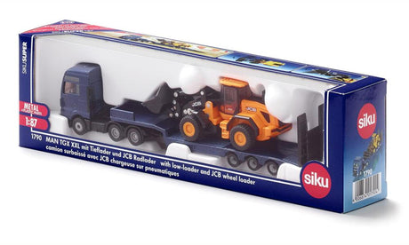Siku 1790, camion con pianale ribassato e pala JCB, 1:87, metallo plastica, blu giallo, rampa pieghevole, braccio mobile