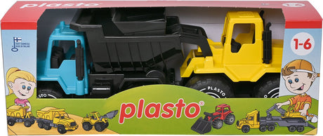 Autocarro con cassone ribaltabile e bulldozer Plasto giallo blu 30 cm - veicolo giocattolo - set da 2x 30 cm - autocarro con cassone ribaltabile e bulldozer - veicoli da cantiere - senza BPA - prodotto in Finlandia - da 1 anno