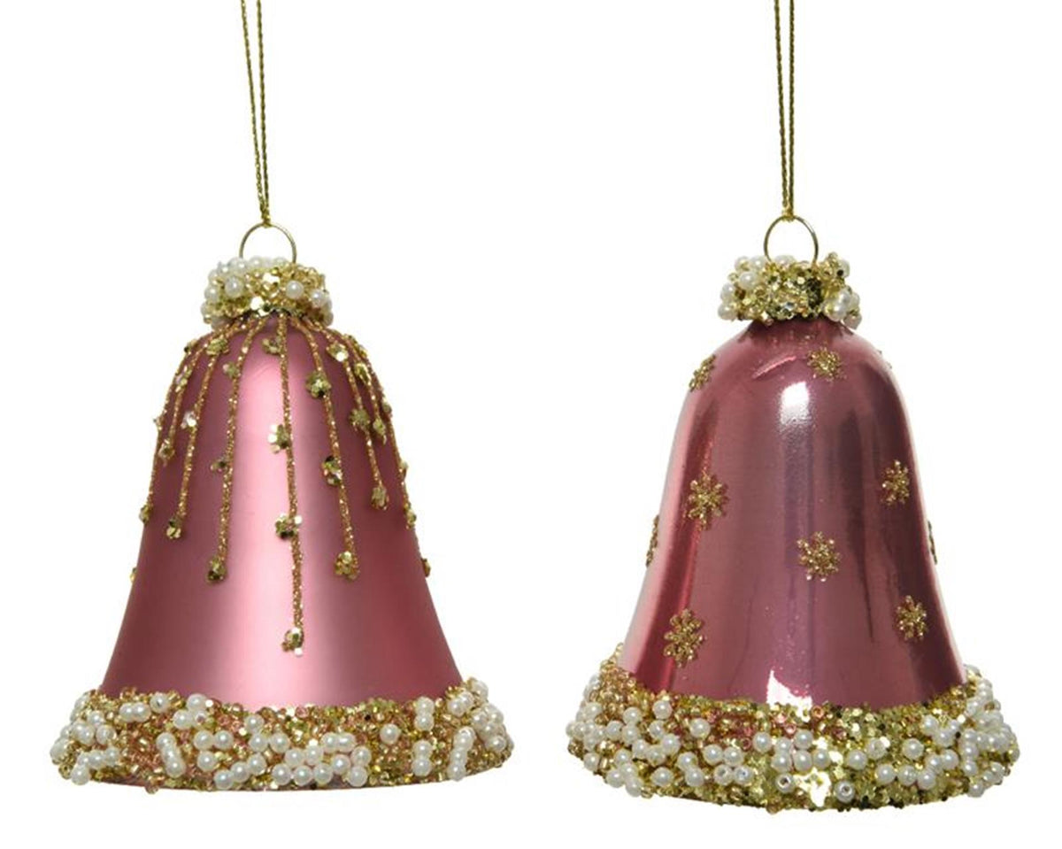 Decoris addobbi natalizi in vetro a forma di campanelle decorate dia 6,5 cm x 8 cm rosa velluto