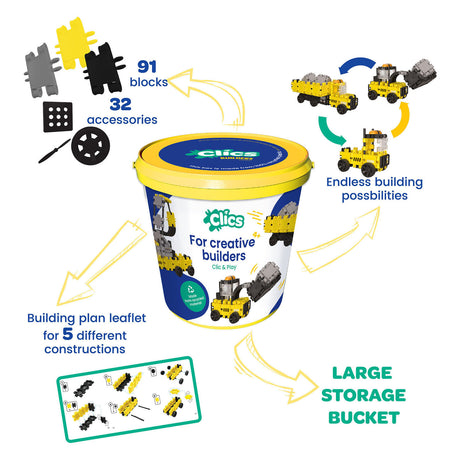 Clics builders Mattoncini 5 in 1 - giocattoli sostenibili in plastica riciclata - set da costruzione 5 in 1 - giocattoli 4,5,6,7,8 anni ragazzi e ragazze - giocattoli educativi - giocattoli montessori - giocattoli da costruzione