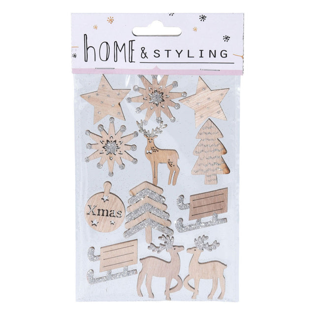 Adesivi natalizi in legno con glitter, 12 pz.