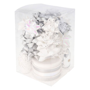 confezione decorativa fiocco e nastro bianco argento, set da 30