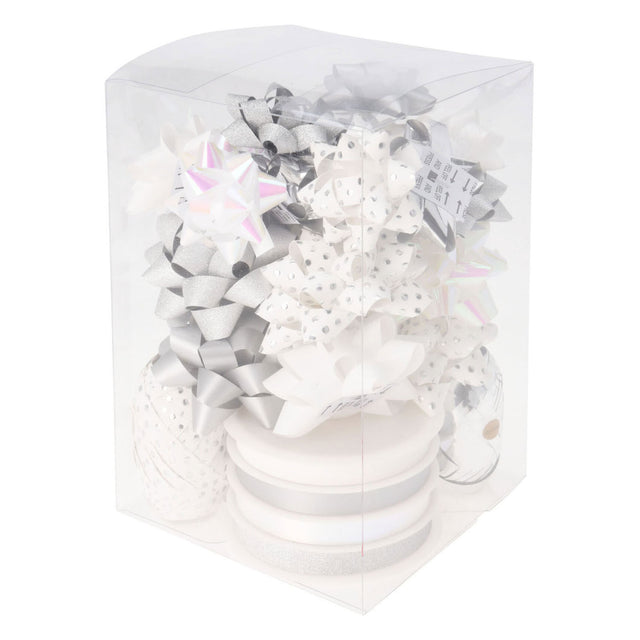 confezione decorativa fiocco e nastro bianco argento, set da 30