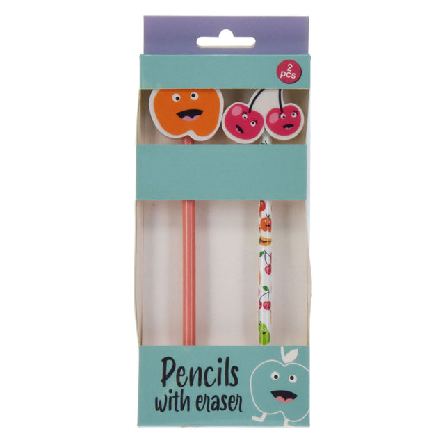 Matite scolastiche grigie con gomma a tema frutta, 2 pz.