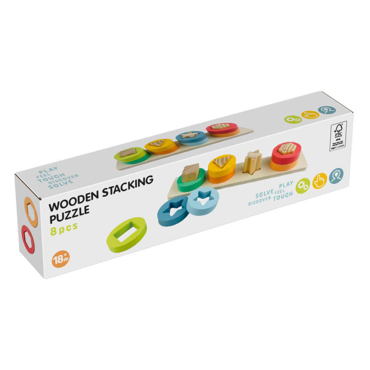 Koopman puzzle impilabile in legno, giocattoli educativi con forme, 9 pezzi multicolori.
