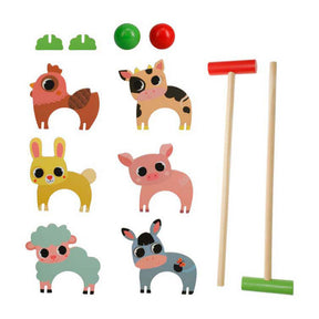 Gioco di croquet in legno con animali da fattoria