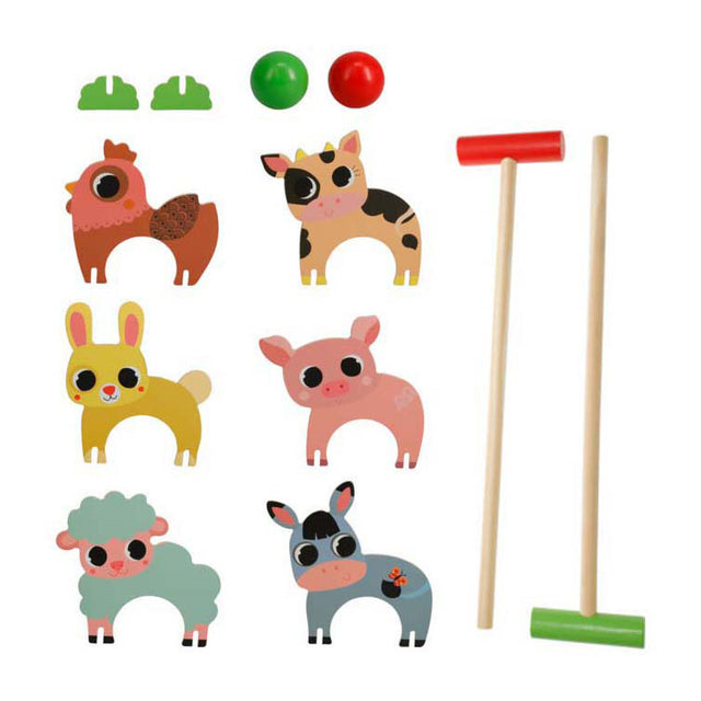 Gioco di croquet in legno con animali da fattoria