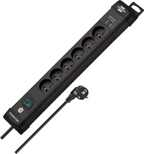 Multipresa Brennerstuhl premium-line a 6 vie (scatola di distribuzione pin terra con cavo da 3 m e interruttore, con dispositivo di sospensione, USB 3.1 a a 2 vie, montabile, made in Germany)