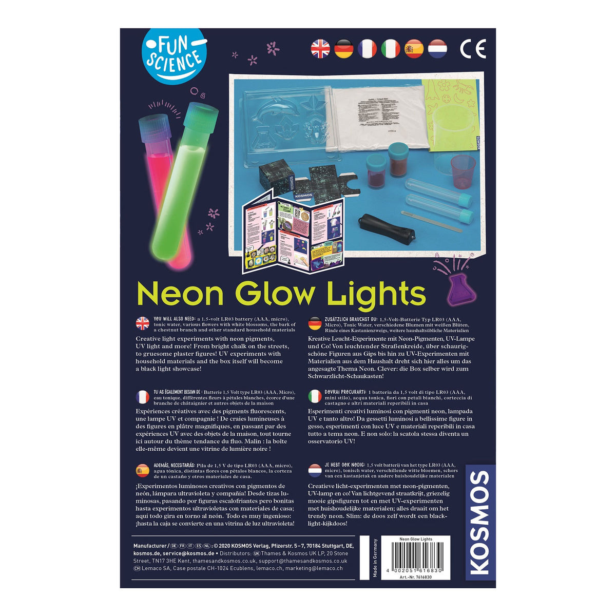 Luci al neon Cosmos - set per esperimenti - progetta decorazioni luminose con luce UV - inclusi pennarelli speciali e lampada a luce nera - crea arte luminosa