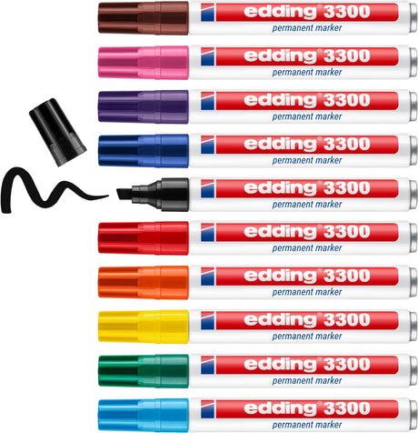 Pennarello indelebile Edding 3300 - 10 colori - 10 pennarelli - punta a scalpello 1-5 mm - resistente all'acqua e all'abrasione - per cartone, plastica, legno, metallo, ecc. - pennarelli ad alcool per adulti