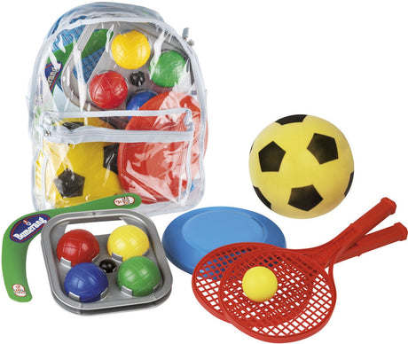 Set sportivo da campeggio Androni in borsa - boomerang, un frisbee, un set da tennis (2 racchette ø 21 cm con pallina) e una pallina morbida