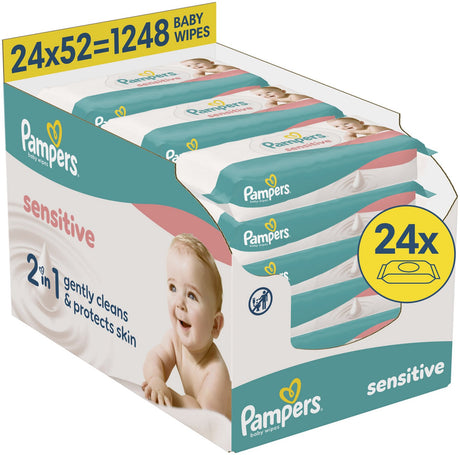 Salviette per neonati Pampers Sensitive - 2 in 1: pulisci delicatamente, proteggi - 0% di plastica nelle salviette - 24 confezioni da 52 salviette = 1248 salviette per neonati