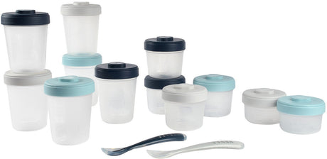 Set di 12 barattoli Béaba - 2 x 90 ml, 4 x 150 ml e 6 x 250 ml con 2 cucchiai in silicone - ermetici e a tenuta stagna per la borsa dei pannolini - impilabili con zona etichetta - adatti per congelatore, microonde e baby cook - blu grigio