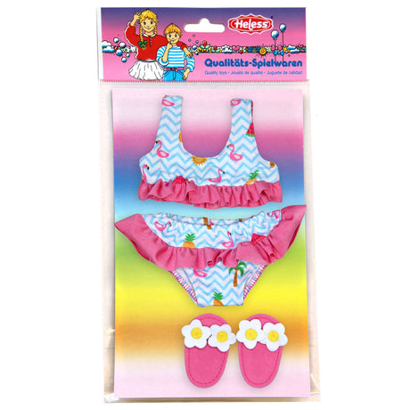 Bikini da bambola Heless con pantofole a forma di fenicottero, 28-35 cm