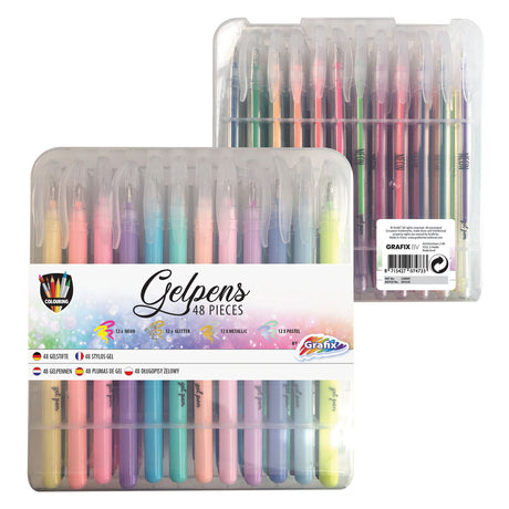 Penne gel Grafix - 48 pezzi - 12 penne neon | 12 penne glitterate | 12 penne metalliche | 12x penne pastello - penne gel per bambini e adulti |