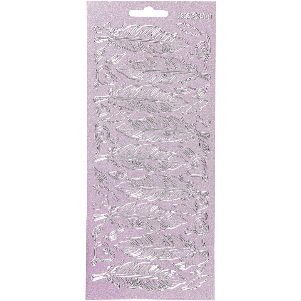 Adesivi, piume, foglio 10x23 cm, argento, 1 foglio