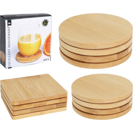 Eccellente set di sottobicchieri in vetro per casalinghi, 4 pezzi, diametro 11,5 cm, in bambù