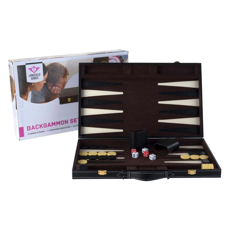 Backgammon Engelhart 18 pollici - tavola cucita marrone avorio - valigia nera con maniglia - edizione da viaggio di lusso -