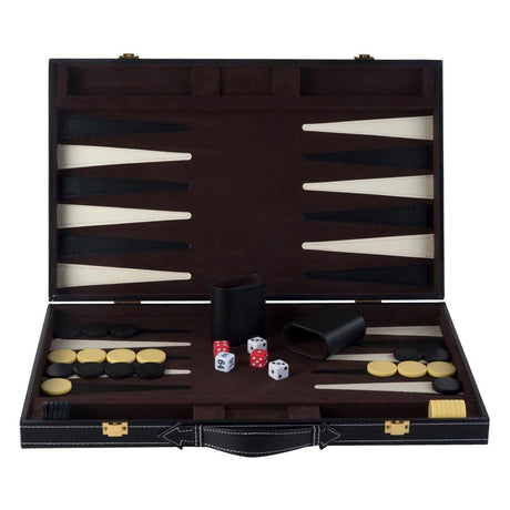Backgammon Engelhart 18 pollici - tavola cucita marrone avorio - valigia nera con maniglia - edizione da viaggio di lusso -