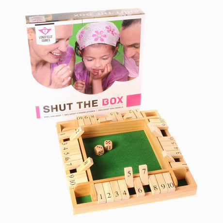 Longfield shut the box - 4 giocatori - scatola in legno di gomma con feltro intarsiato - inclusi 8 dadi in legno - gioco da tavolo 29 x 29 x 3,5 cm - gioco strategico per famiglie - cuore d'angelo