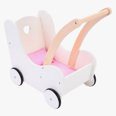 Girello per bambole Engelhart rosa bianco – carrozzina per bambole in legno con materasso, coperta, custodia per cuscino – adatto a tutte le bambole –