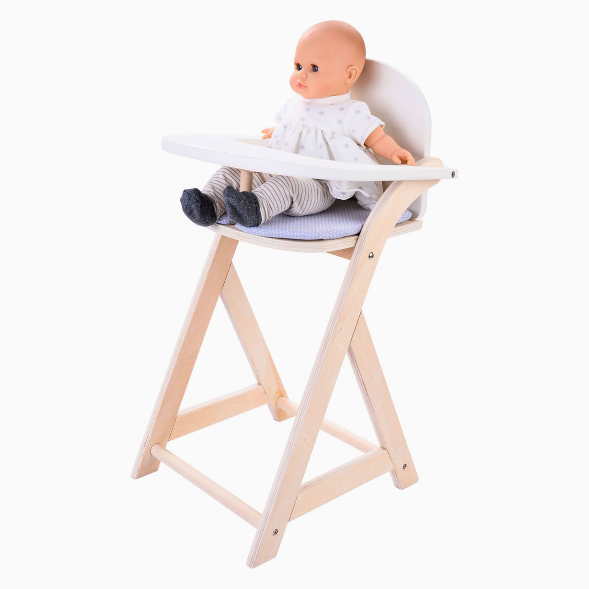 Sedia per bambole Longfield grigio bianco - seggiolone per bambole in legno con cuscino - sedia per bambole per giochi di ruolo - adatto a tutte le bambole - cuore d'angelo