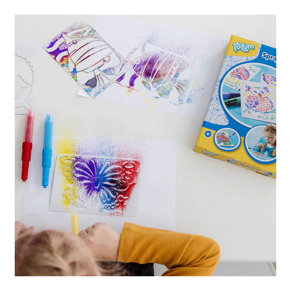 Penne spray Totum Set artigianale di 5 penne a soffietto incl. modelli di unicorni e animali - giocattoli creativi a partire da 4 anni - consiglio regalo per disegnare e dipingere