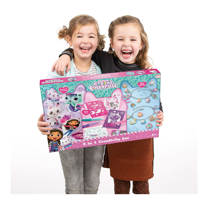 Totum Gabby's Dollhouse Craft Package XL 3 in 1 Braccialetti con ciondoli per creare giocattoli per ragazze, pittura con diamanti, penne spray e modelli - Consigli regalo per casa delle bambole di Gabby Creazione di giocattoli creativi