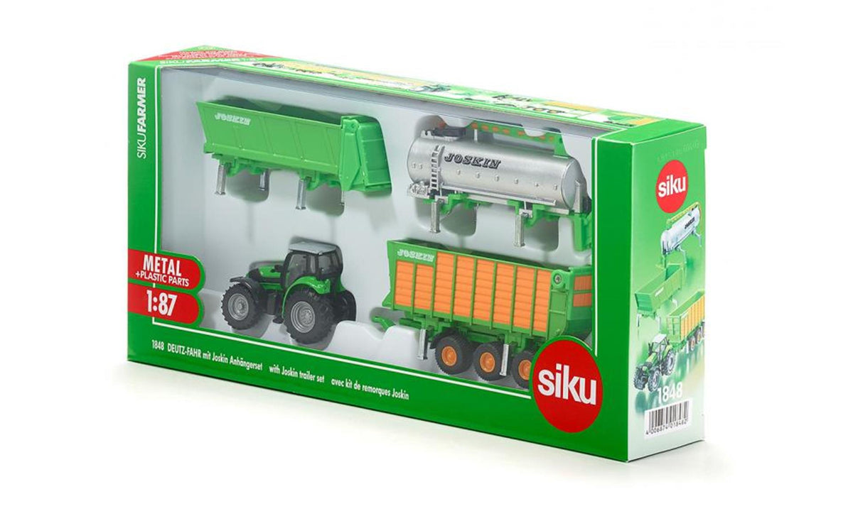 Siku 1848, trattore deutz agrotron x720 con set di ganci da carico Joskin, scala 1:87, metallo plastica