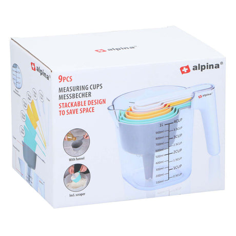 Set misurini Alpina 9 pezzi - set dosatore con misurino 1 litro - misurini impilabili - comprensivo di imbuto e raschietto e misurini
