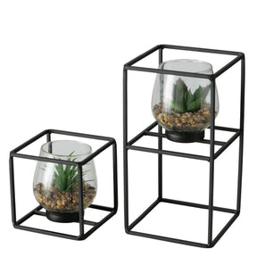 Boltze home pianta artificiale in vaso di vetro e supporto in metallo nero sabia set da 2 pezzi 11x11 13x24 cm