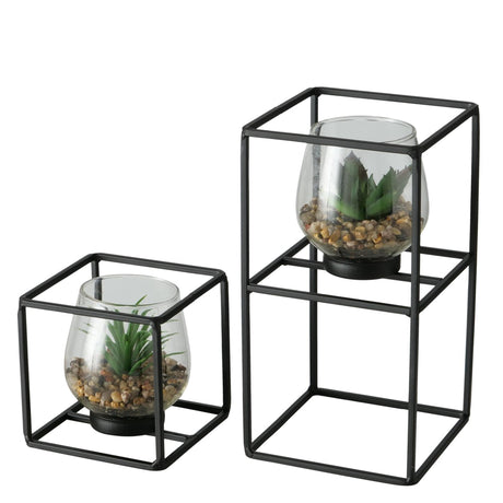 Boltze home pianta artificiale in vaso di vetro e supporto in metallo nero sabia set da 2 pezzi 11x11 13x24 cm