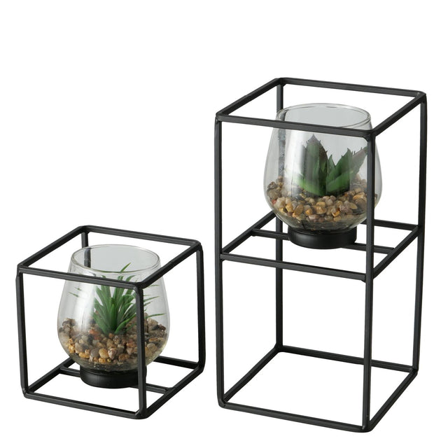Boltze home pianta artificiale in vaso di vetro e supporto in metallo nero sabia set da 2 pezzi 11x11 13x24 cm