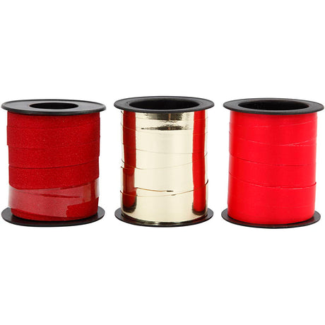 Nastro regalo, l: 10 mm, oro, rosso, glitter rosso, 3x15 m 1 scatola