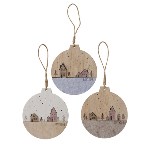 Boltze ciondolo decorativo per la casa in legno a forma di pallina di Natale con design di case con alberi di Natale - in legno e feltro - diametro 12 cm