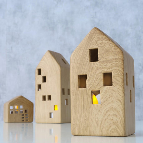 Boltze home portacandele casa hans 3 pezzi dolomite h7,2-18,2 cm l6,5-7,2 cm aspetto legno marrone