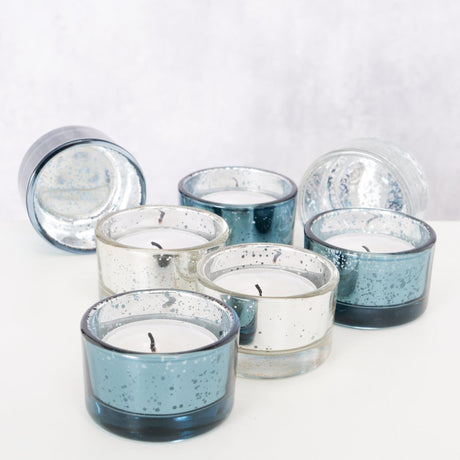 Boltze portacandela per la casa in vetro balos 4 pezzi rotondo h3,3 cm blu argento